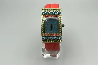 Heidi Daus Watch Art Deco Aqua Green Red Crystals Coral Leather Embossed Band • $75.99