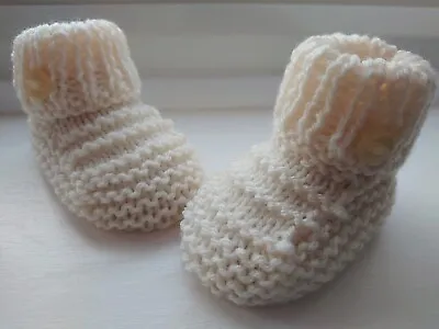 £3.85 • Buy Hand Knitted Baby Booties In Cream - Size 3-6 Months - Boys Or Girls