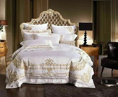 100% Egyptian Cotton White Bedding Sets King Queen Size Bed Set Bed Duvet Cover • £900.01
