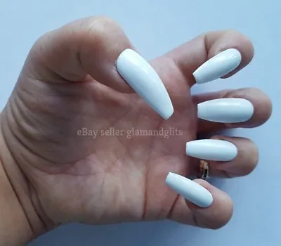 £3.99 • Buy 24 Hand Painted Gel Press On False Nails Bright White Coffin Stiletto Square  