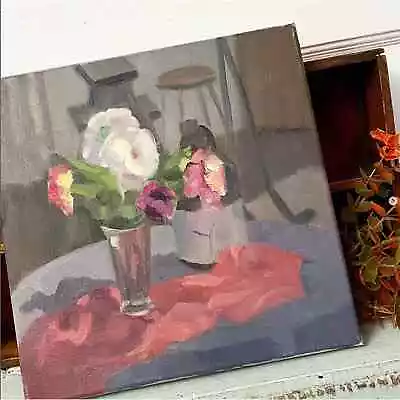 Vintage Floral Oil Painting White Flower Still Life Stretched Canvas Silver Vase • $45