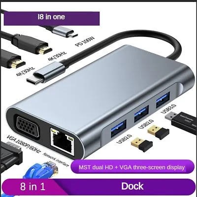 $46.54 • Buy 8in1 USB C Hub HDMI Adapter Type C To HDMI 4k USB 3.0 100W PD VGA RJ45 2x USB2.0