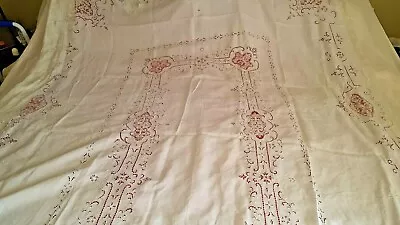 Very Old Antique White Linen Point De Venise Tablecloth 72  X 136  Vtg • $150