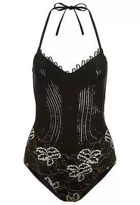 La Perla Black Magic Soutache Lace Sequined Swimsuit US 34C ( S ) ; IT 2 C NWT • $154