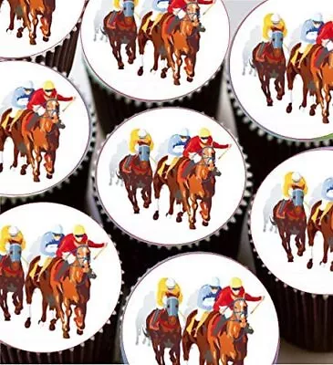 24 Or 15 Pre-cut Round Horse Racing Edible Cup Cake Topper Decorations • £3.99