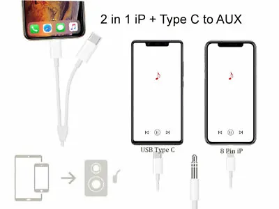 2 In 1 USB Type C & 8 Pin To 3.5mm Headphone Audio Jack Aux Cable For S22 IPhone • $7.82