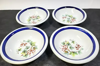 Vintage Set Of 4 La Primula 8  Pasta Bowls Blue Rim With Berries Leaves Pattern • $40