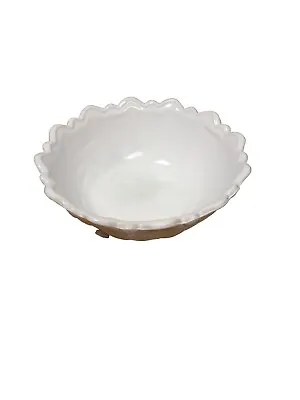 Vintage Round Scalloped Edge Footed Milk Glass Serving Bowl W/Leaf Pattern • $8.39