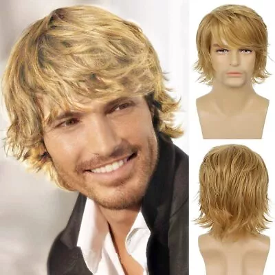 Mens Blonde Wig Short Layered Natural Fluffy Wig Synthetic Heat Resistant Hallow • $26.29