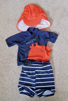 £4.75 • Buy Baby Boy Crab Swimming Top Shorts & Sun Hat Age 0-3 Months UVA & UVB Protection