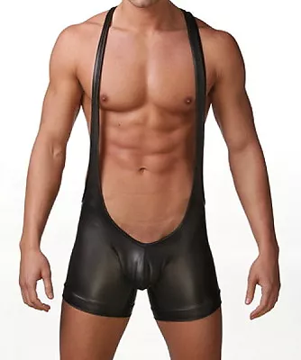 Black Faux Leather Enhanced Pouch Wrestler Singlet • $24.95