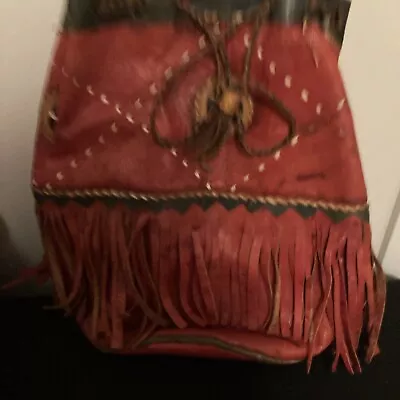 VINTAGE Vibrant Red Native American Indian Handmade Leather Bag Large Spacious • $199