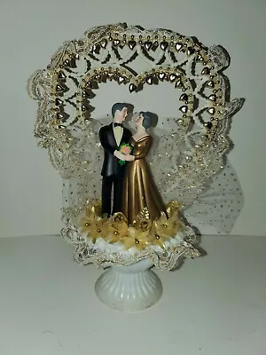 Vintage 1980s Wedding Cake Topper Retro Decor Tulle Bride Groom Figurine Gold • $24.99