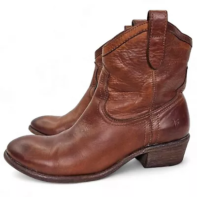 Frye Carson Shortie Boots Leather Cowboy Ankle Pull On Cognac Brown Size 9 B • $59.99