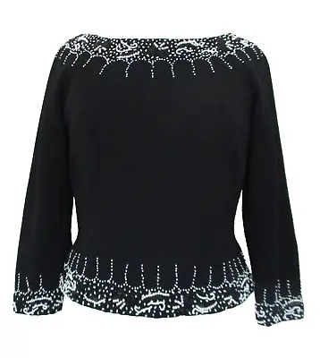 Vintage 1950s Banff Ltd Sweater Top Medium Women Black Beaded Wool Knit • $27.99
