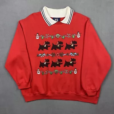 Vintage Christmas Sweatshirt Adult L Red Scottie Dog Puff Print 90s Christmas • $28