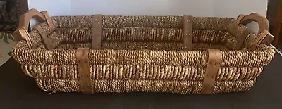 Vtg LG Rectangle Willow WICKER Woven BASKET Serving Bed TRAY Wood Handles 19.5 L • $36
