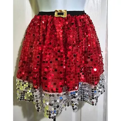 Sequin Christmas Tutu Skirt Santa Mrs Claus Cute Holiday Red Silver 18-32  Waist • $12.99