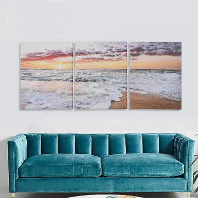 £7.95 • Buy 3PC Seascape Sunset Art Print Cream Orange Sky Beach Unframed Split Picture Deco