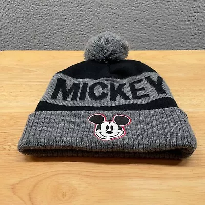 Disney Beanie Skull Cap Hat Gray Black Adult One Size Mickey Mouse Pom Pom • $8.99