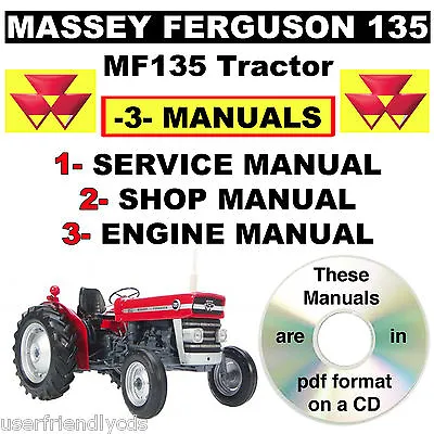 Massey Ferguson MF 135 MF135 Tractor Service Shop Engine Manual -3- Manuals CD • $12.99