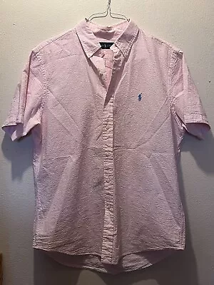 Ralph Lauren Men’s Large Pink White Seersucker Short Sleeve Shirt Button Down 74 • $28.99