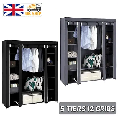 Large Fabric Canvas Wardrobe With Hanging Shelving Clothes Storage Closet • £18.99