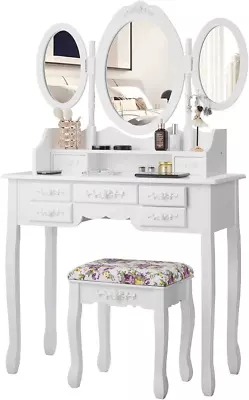 Vanity Set With Tri-Folding Mirror And Cushioned Stool Dressing Table With 7 Dr • $250.99