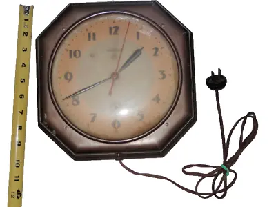 Vintage Antique Telechron Brown Metal Octagonal Retro Electric Wall Clock Works • $46