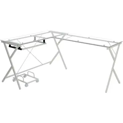ACME Demas Glass Top L-Shaped Computer Desk With Holder In Clear And White • $397.05