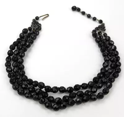 Vintage Black Glass Beaded Multi Strand Rhinestone Adjustable Necklace Germany • $24.99