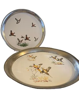 Pair Of Revere Ware MCM Ceramic And Metal Serving Trays Pheasants And Quails • $39.95