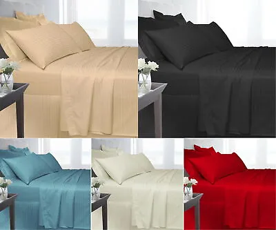 Egyptian Cotton Satin Stripe 250 Thread Fitted Bed Sheet Bed Linen • £14.97