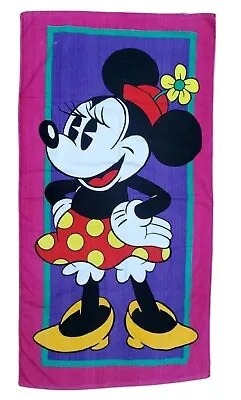 Vntg 90s Minnie Mouse Disney Beach Bath Towel Colorful Pink Purple 100% Cotton  • $10.19