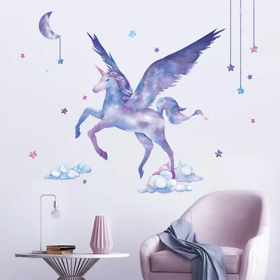 Removable Wall Sticker Purple Unicorn Fairy Fantasy Stars Moon Clouds Wall Decor • $20.99