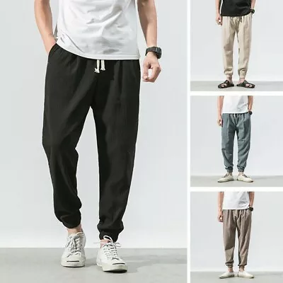 Mens Linen Drawstring Tapered Baggy Pants Elastic Waist Joggers Trousers Casual • $19.99