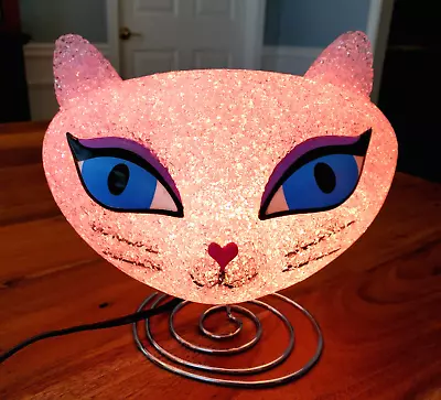 Retro Kitsch Pink Kitty Cat Head Lamp Melted Popcorn Plastic Nightlight • $75