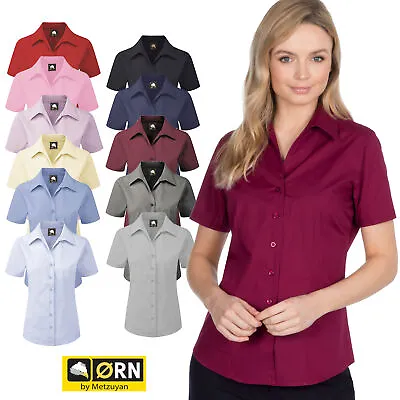 £6.99 • Buy Ladies Womens Plain Short Sleeve Work Shirt Collar Office Blouse Plus Sizes 6-30