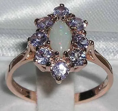 Solid 9ct Rose Gold Natural Opal & Tanzanite Womens Cluster Ring - Sizes J To Z • £389