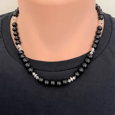 Black Onyx Mens Beaded Necklace With Silver Beads • $29