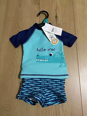 BNWT 2 Piece Baby Boys Peacocks Lullaby Crocodile Sunsuit 50+ Upf Age 0-3 Months • £10.99