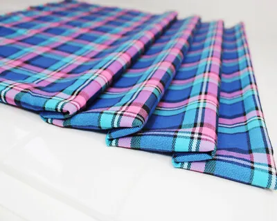 Tartan Fabric - Navy Blue Pink Tartan Check - Polyviscose Craft Fabric Material • £6.99
