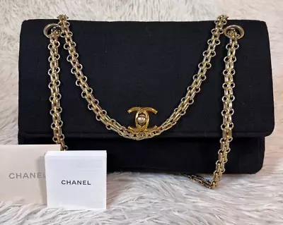 Vintage Chanel Flap Cotton Chain Shoulder Bag Coco Mademoiselle Black F/S Japan • $1300