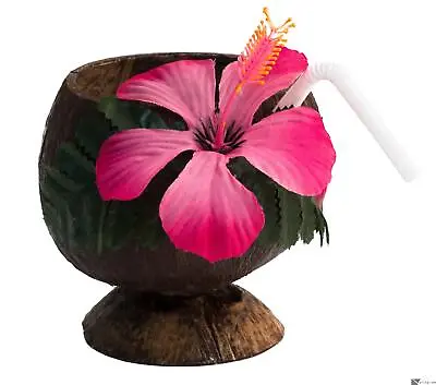 $6.66 • Buy Tropical Hawaiian Luau Party Real Coconut Cup On Base W Flower & Straw, Brown