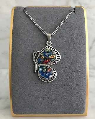 MultiColor Murano Style Glass Flying Butterfly Necklace In Stainless Steel 20   • $9