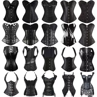 Women Black Burlesque Basque Corset Waist Training Overbust Underbust Size 6-24 • £8.79