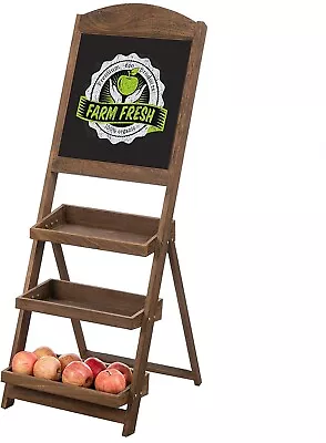 Rustic Burnt Wood Chalkboard Easel With 3-Tiered Display Shelves Fruit Storage • $104.99