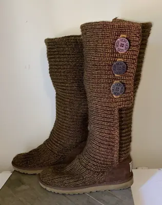UGG Classic Cardy Knit Brown Gold Boots Womens Size 8 Buttons Sweater Boot Tall • $35