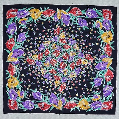 $14.99 • Buy K855 Jim Thompson Black Flower Silk Scarf Scarves Sz. 32  X 33.5 