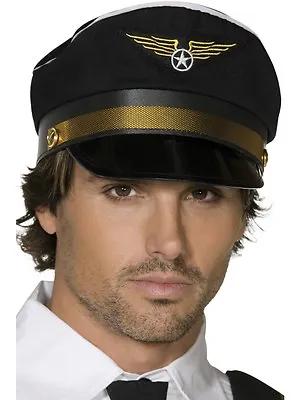 Mens Pilot Hat Black Gold Trim Aviator Captain Halloween Costume Large Adult NEW • $14.99